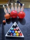 Vintage lot of mini pool balls bowling pins other toys