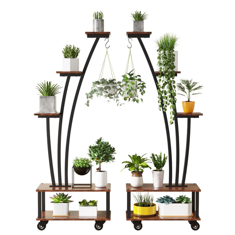 5 Tier Flower Rack Plant Stand Metal Shelves Bonsai Display Shelf w/Hanging Hook