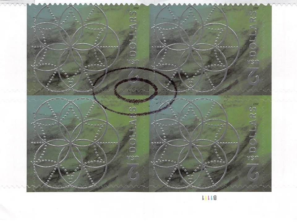 CANCELED POSTAL COUNTERFEIT PLATE BLOCKS (2) FOR STUDY $1 AND $2 FLORAL GEOMETRY - Image 3 of 4