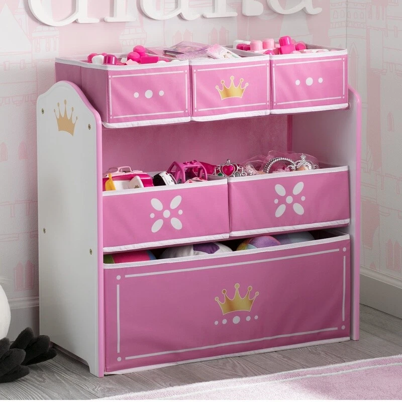 Princesa Corona Juguete Organizador Almacenamiento 6 Contenedores Niños Muebles Madera Tela Seguro Nuevo Foto 3 de 4