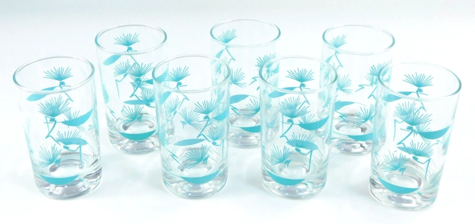 Lot of 7 Aqua Turquoise Blue 4" MCM Thistle Juice Swanky Swig Glasses Set