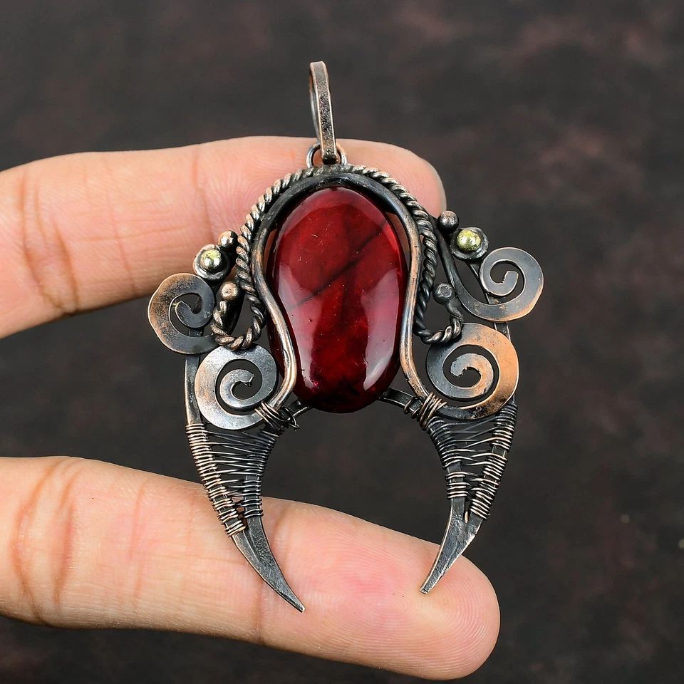 Red Fire Labradorite Wire Wrapped Pendant Handcrafted Copper Holiday 2.87" - Image 2 of 4