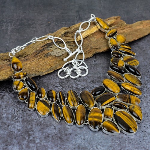 Pendentif Vintage œil De Tigre Cabochon 2,3" - Argenté Plaqué - Fait Main Inde
