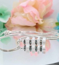 White Frosted Sea Sea Glass Pendant Silver Necklace 18", Crystal Rhinestone