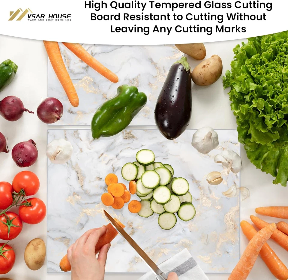 Tablas de cortar de vidrio templado para cocina, 16"X12" y 12"X8" vidrio de mármol dorado Cu Foto 3 de 4