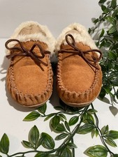 J.Crew Womens Faux Fur Lined Moccasin Slippers Size10 Suede Tan Cream Rubber Sol
