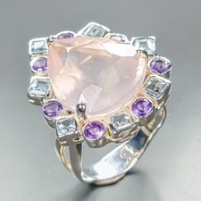 Handmade 24 ct+ Natural Rose Quartz Ring 925 Sterling Silver Size 8 /R461593