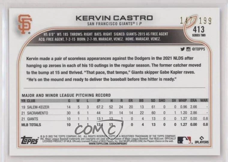 2022 Topps Series 2 Red Foilboard /199 Kervin Castro #413 Rookie RC - Image 2 of 2