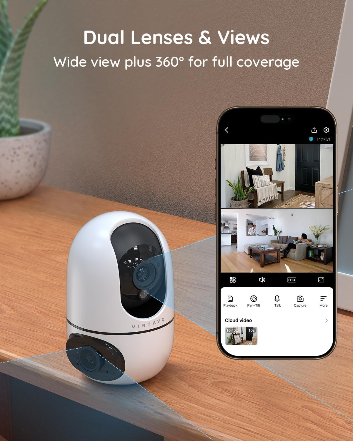 virtavo XD1 Indoor Security WiFi Camera, Wireless, Dual-Lens 360° PTZ Baby Monit