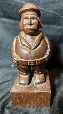 Old Vintage Hand Carved Wood Statue Man Hat Folk Carving Art Sculpture Wooden