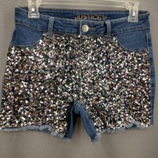 Justice Girls 16 Shorts Denim Midi Blue Colored Sequin Front Frayed Hem 28W 4L
