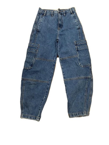 Frame Barrel Leg Utility Cargo Denim Jeans Sz 26 High Rise Cropped Indigo Blue - Picture 2 of 6