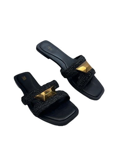 ZARA Flat Sandals US 7 Black Woven Straps Gold Metal Detail Square Toe Slides 37