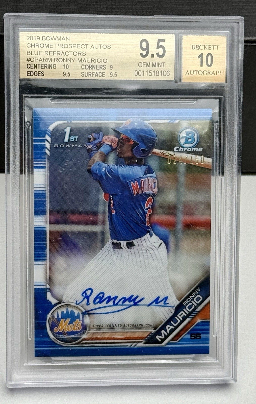 2019 RONNY MAURICIO 1st Bowman Chrome BLUE REFRACTOR Auto RC - BGS 9.5 24/150