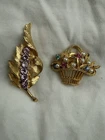 Vintage Crown Trifari Lot of 2 Brooches Leaf Basket Gold Purple Glass Pearl