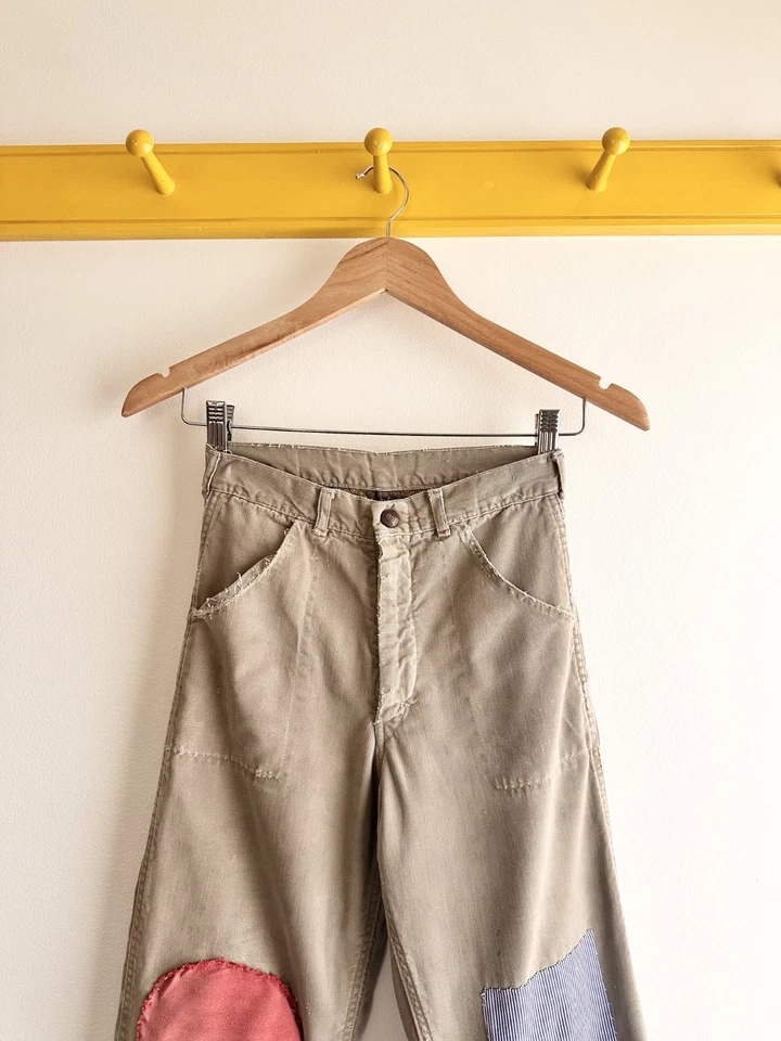 Pantalones de trabajo de franela de algodón forrados de colección años 50 jóvenes niños remendados patchwork 24" 10 años Foto 3 de 4