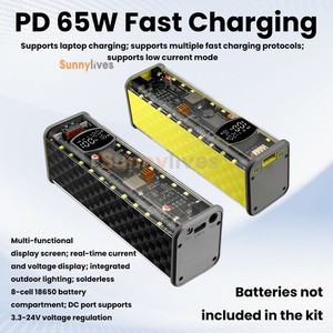 PD 65W Cas de banque de puissance transparente à charge ultrarapide 8-Cell 18650 Boîte à piles