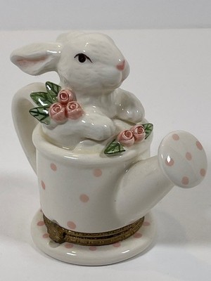 Mud Pie Trinket Box Hinged Watering Can Rabbit 1998 Ceramic White Pink Polka Dot