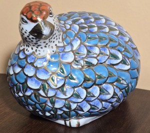 Vintage Cloisonné Style Ceramic Quail Bird Blue Gold Enamel Asian Chinoiserie...
