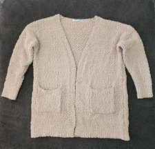 ECOWISH - Open Weave Fuzzy Knit Cardigan Sweater w/Pockets - L - Beige 