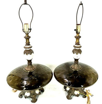 MCM 1970 EF EF INDUSTRIES Hollywood Regency Table Lamps Green Brass UFO Globe