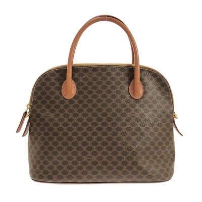 Auth CELINE Macadam Dark Brown Beige Brown PVC Leather Handbag