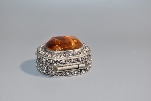 Pillendose Antik Vintage Amber Bernstein Dose Deckeldose 925 silber Fach #H3V - Bild 6 von 9