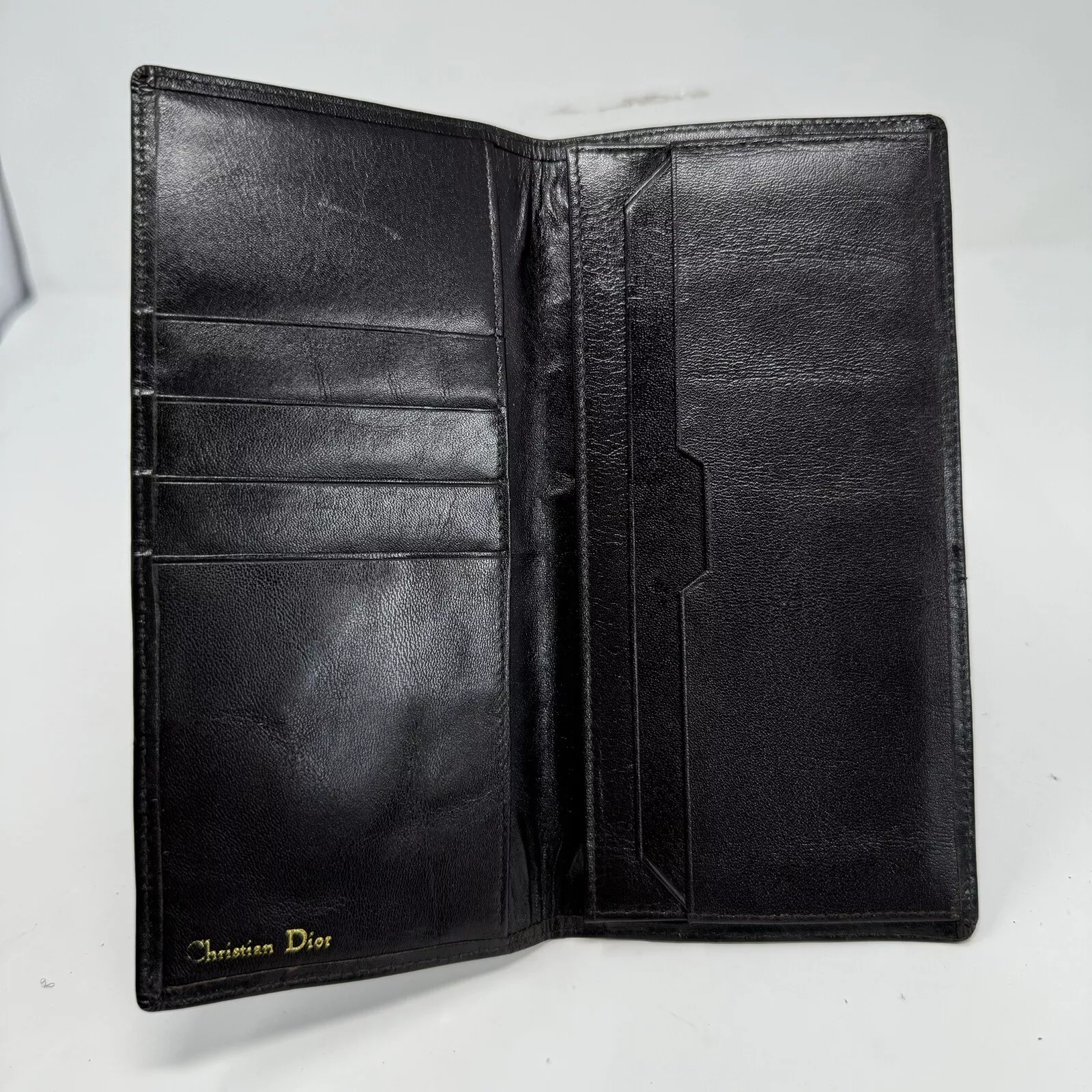 Étui à billets Christian Dior vintage cuir noir double pli chéquier carte de crédit d'identité