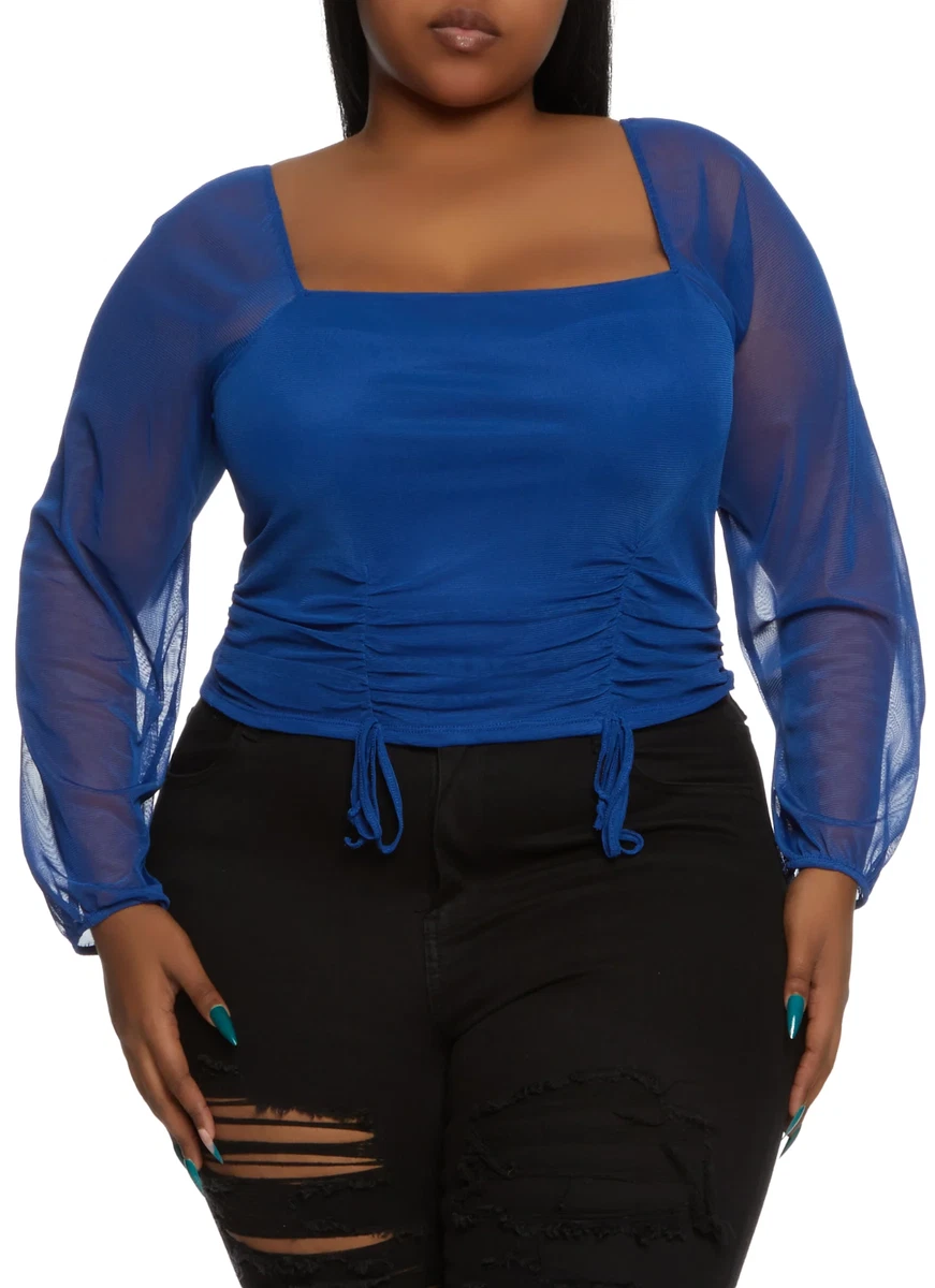 Women Plus Size Royal Blue Ruched Mesh Puff Long Sleeves Blouse
