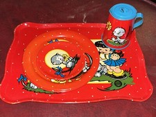 ohio art tin Girl Boy Garden Kittens 5 Piece Tin Litho Tea Set