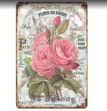 Vintage Metal Sign French Country Floral  FLEUR DE ROSES   8 x 12