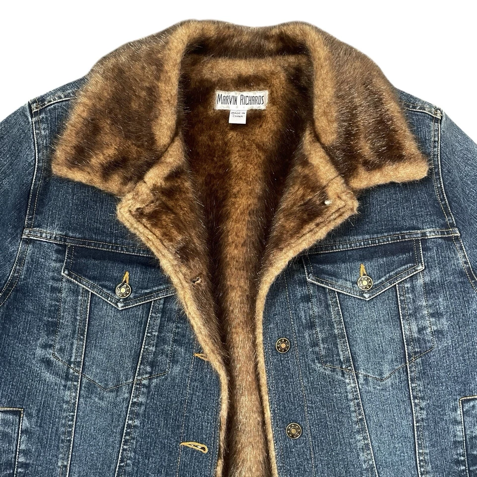 Marvin Richards Denim Jacket VTG Y2K 90s Faux Fur Lined Hippie Party XL - Image 3 of 4