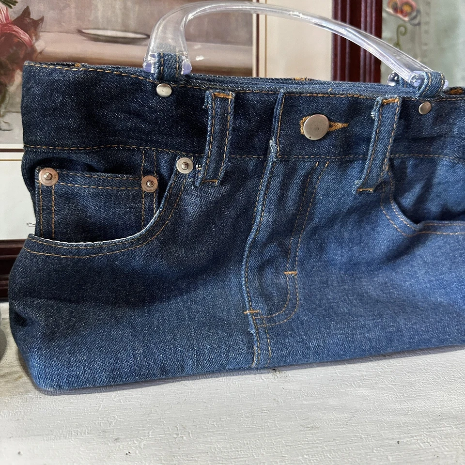 Bolsa de mão jeans vintage anos 70 alça de acrílico azul retrô exclusiva rara - Imagem 2 de 4