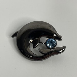 Liz Claiborne Dolphin Brooch Black Metal Pin 1.75" w/Blue Stone Vintage 