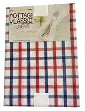 Patriotic Plaid Fabric Tablecloth 4th of July Red White Blue 60x84" Oval