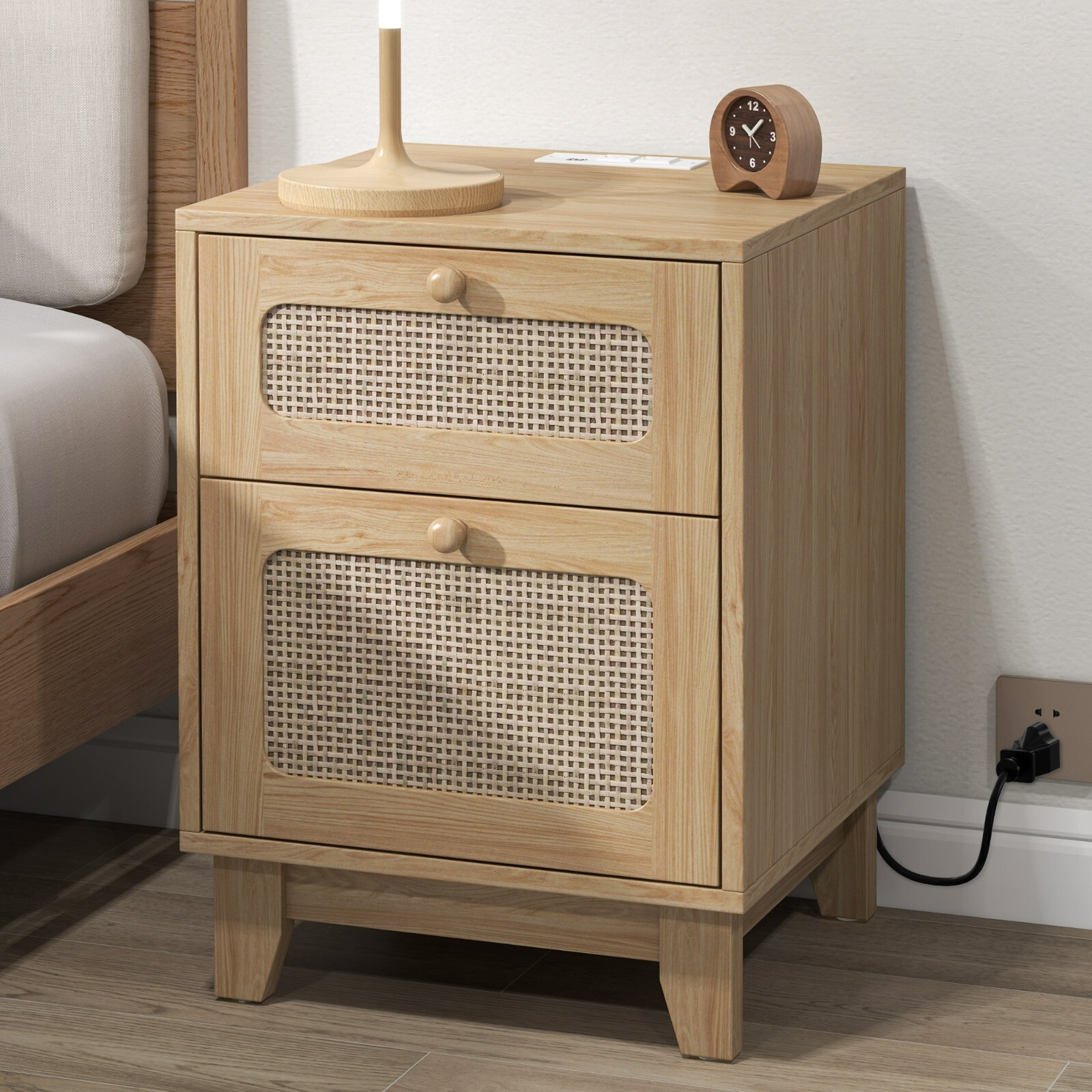 Rattan Nightstand with USB Charging Station and Storage Drawer-image