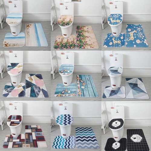 3 Piece Printed Bathroom Rug Set, Bath Mat, Contour Rug, Toilet Lid Cover Soft  - Picture 3 of 35