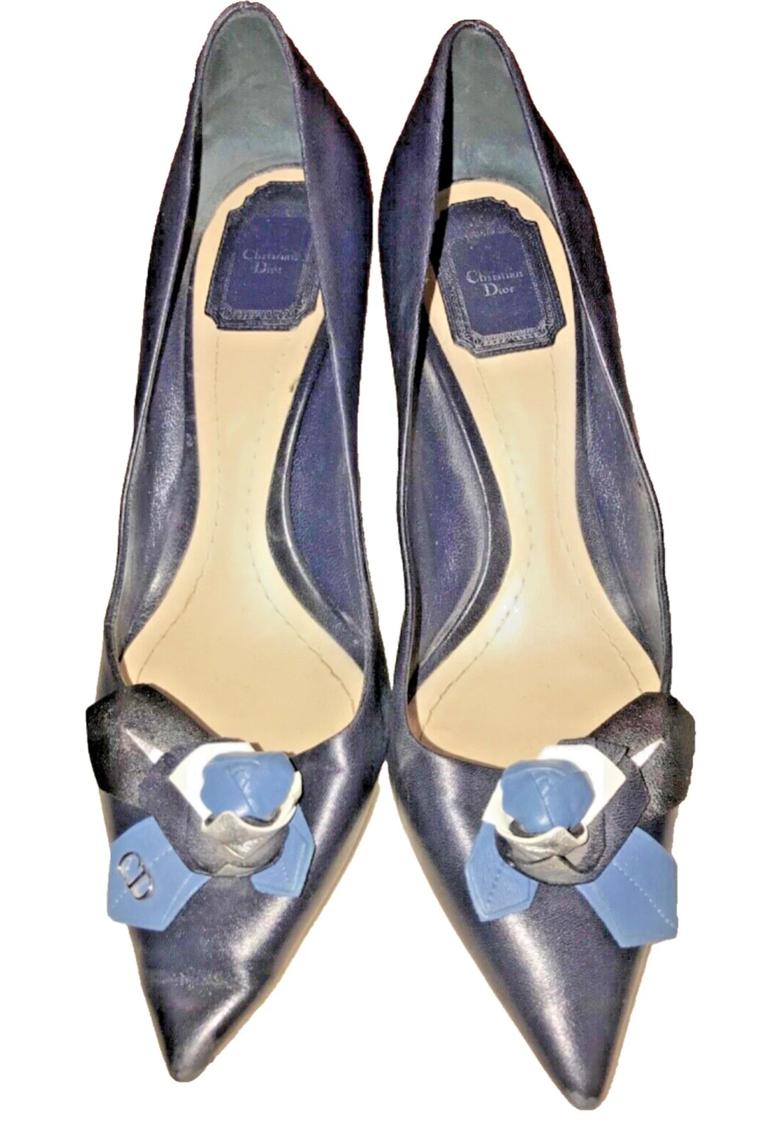 CHRISTIAN DIOR Pointed Toe Navy Leather with Blue Floral and CD Logo Shoes SZ 38