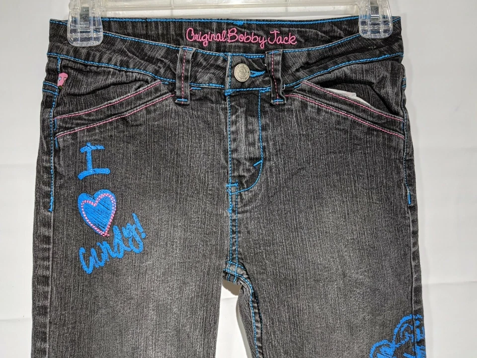原装 BOBBY JACK 女孩黑色涂鸦标准版型直筒牛仔裤 12 码 — 第 3/4 张图片
