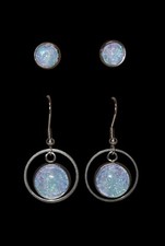 Handmade Dangle Earring Set- Glass Cabonchon - Glittery Blue/Purple w Snowflakes