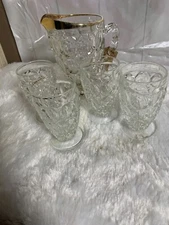 Vintage 1950s Jeanette Thumbprint Gold Trim Juice Pitcher & 4 Glasses See Pics!