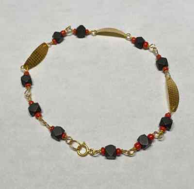 10 Karat Yellow Gold Genuine Azabache Jet & Coral Plaque 7.5'' Bracelet