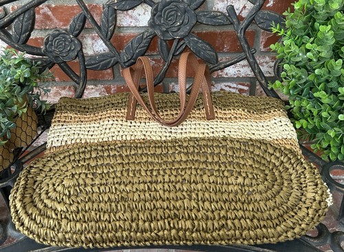 Vintage Old Navy Raffia Straw Paper Tote; Multi Color W/Dbl Hndls & Snap Closure - Picture 16 of 17