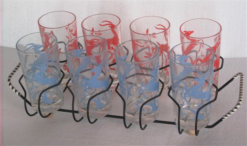 8 HIS & HER’S ART DECO GAZELLE GLASS TUMBLERS FOR 4 COUPLES + TRAY