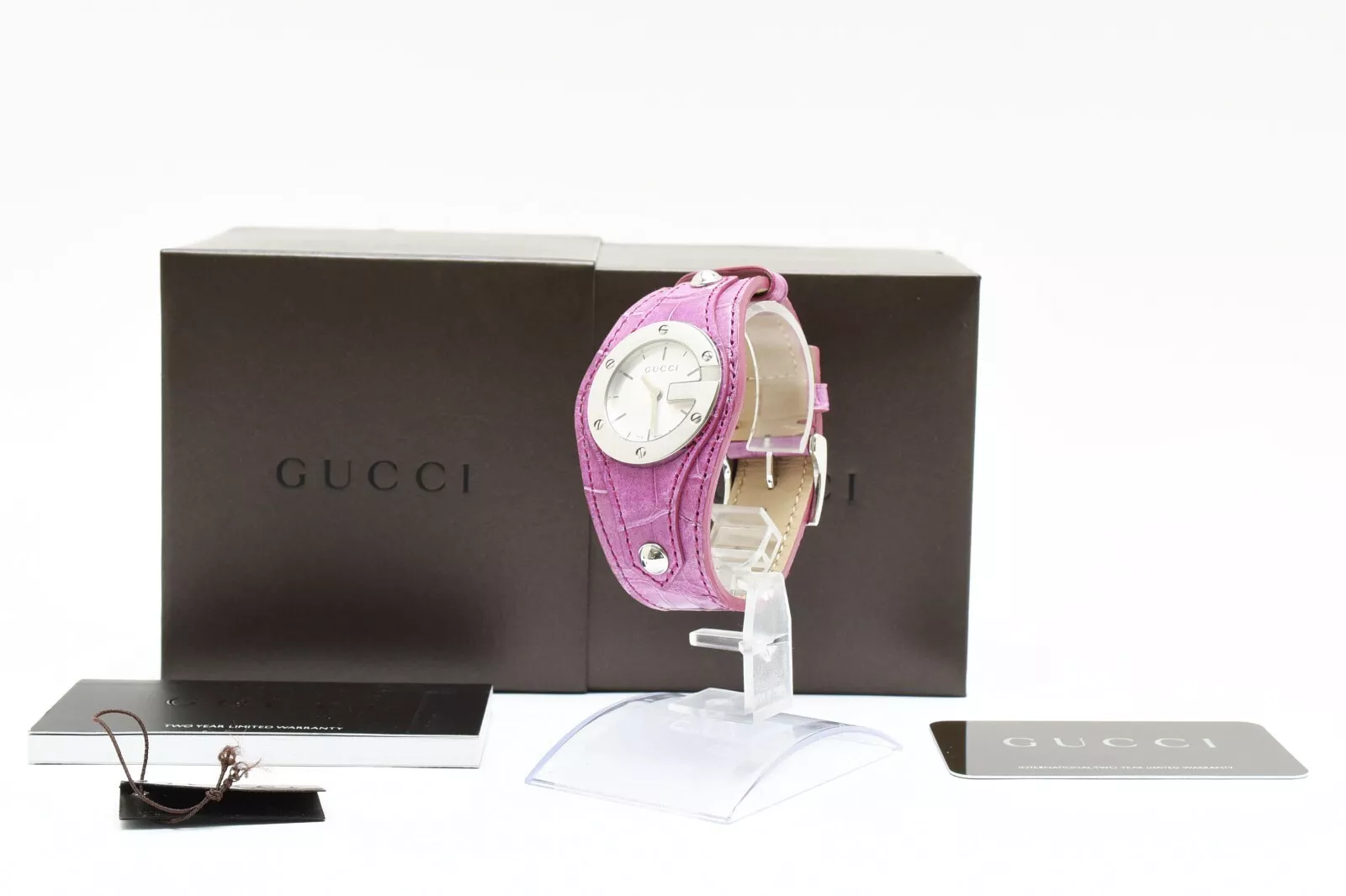 Rare [NEUF avec boite] Montre unisexe GUCCI G 104L cadran blanc violet rose JAPON 18,5 cm