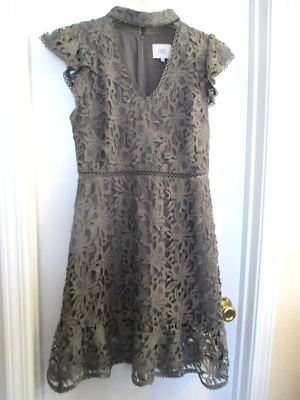 JOA Dress M Gray Lace Overlay Choker Neck Cap Sleeve Back Zipper Knee  Length | eBay