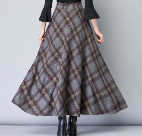 Women's Vintage High Waist Wool Blend Plaid A-Line Maxi Pleated Skirt - Picture 8 of 31