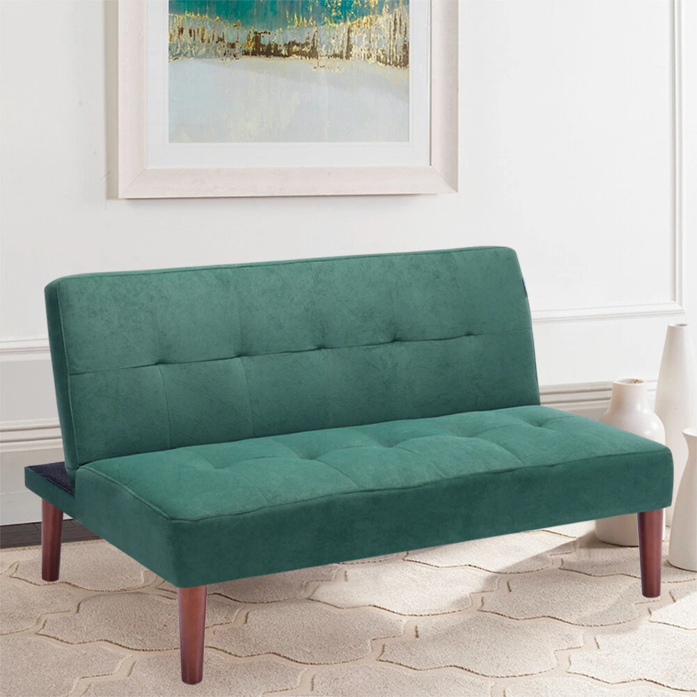 2 Seater Green Linen Fabric Sofa Bed Recliner Sofabed with Wood Legs Living Room