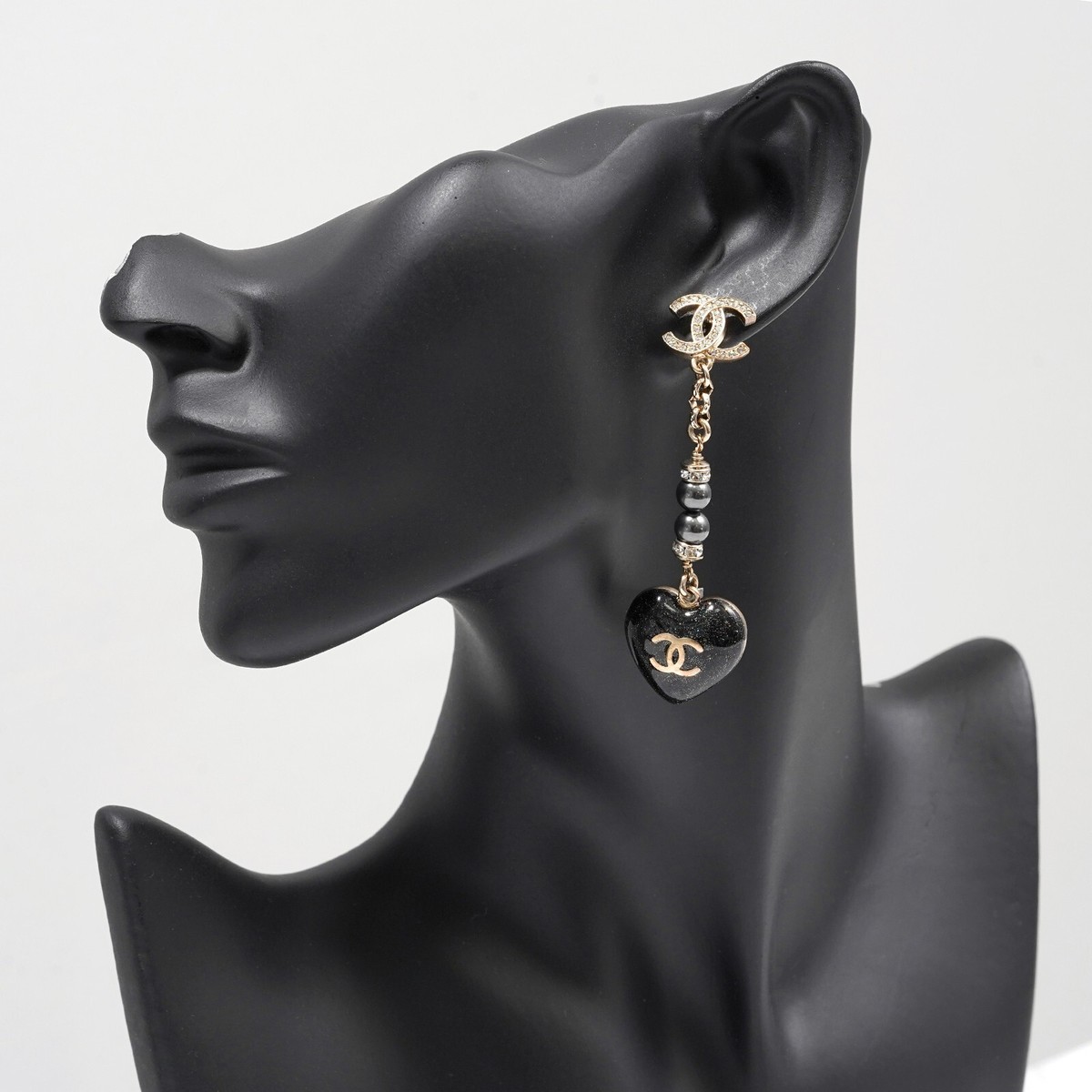 Authentic CHANEL Coco Mark Rhinestone Pearl Black Piercing