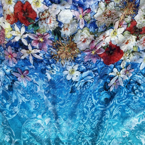 100% Silk Chiffon Ombré Style Floral Turquoise/Blue 3.25m X 1.35m Remnant, Y1 - Picture 3 of 4